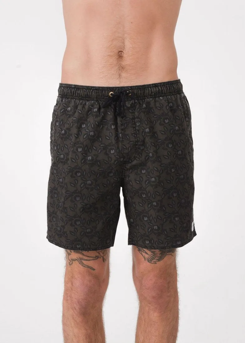 Afends Mens Baywatch Black Rose - Elastic Waist Boardshort