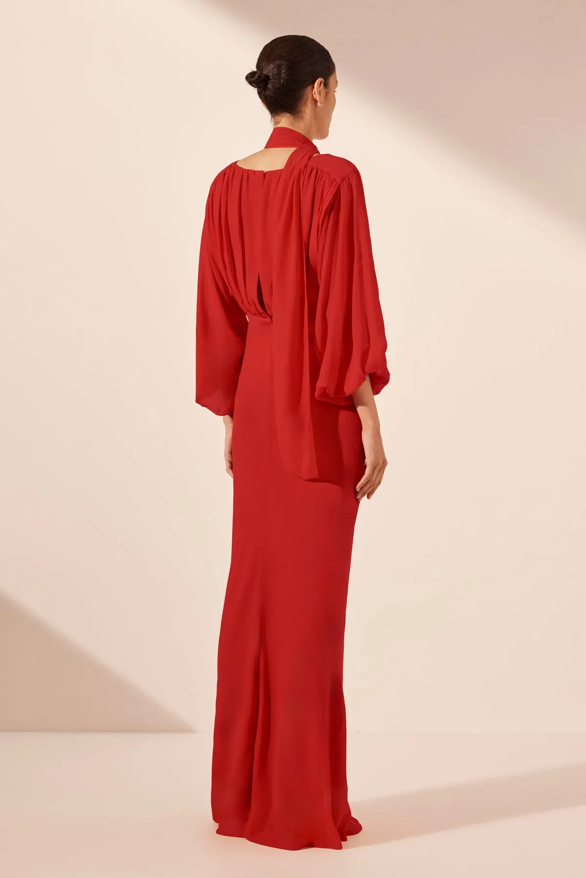 AMINA PLUNGE BALLOON SLEEVE MAXI DRESS - CHILLI