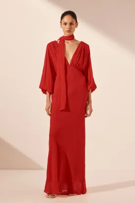 AMINA PLUNGE BALLOON SLEEVE MAXI DRESS - CHILLI