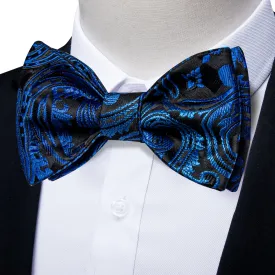 Black Blue Floral Silk Bowtie Pocket Square Cufflinks Set