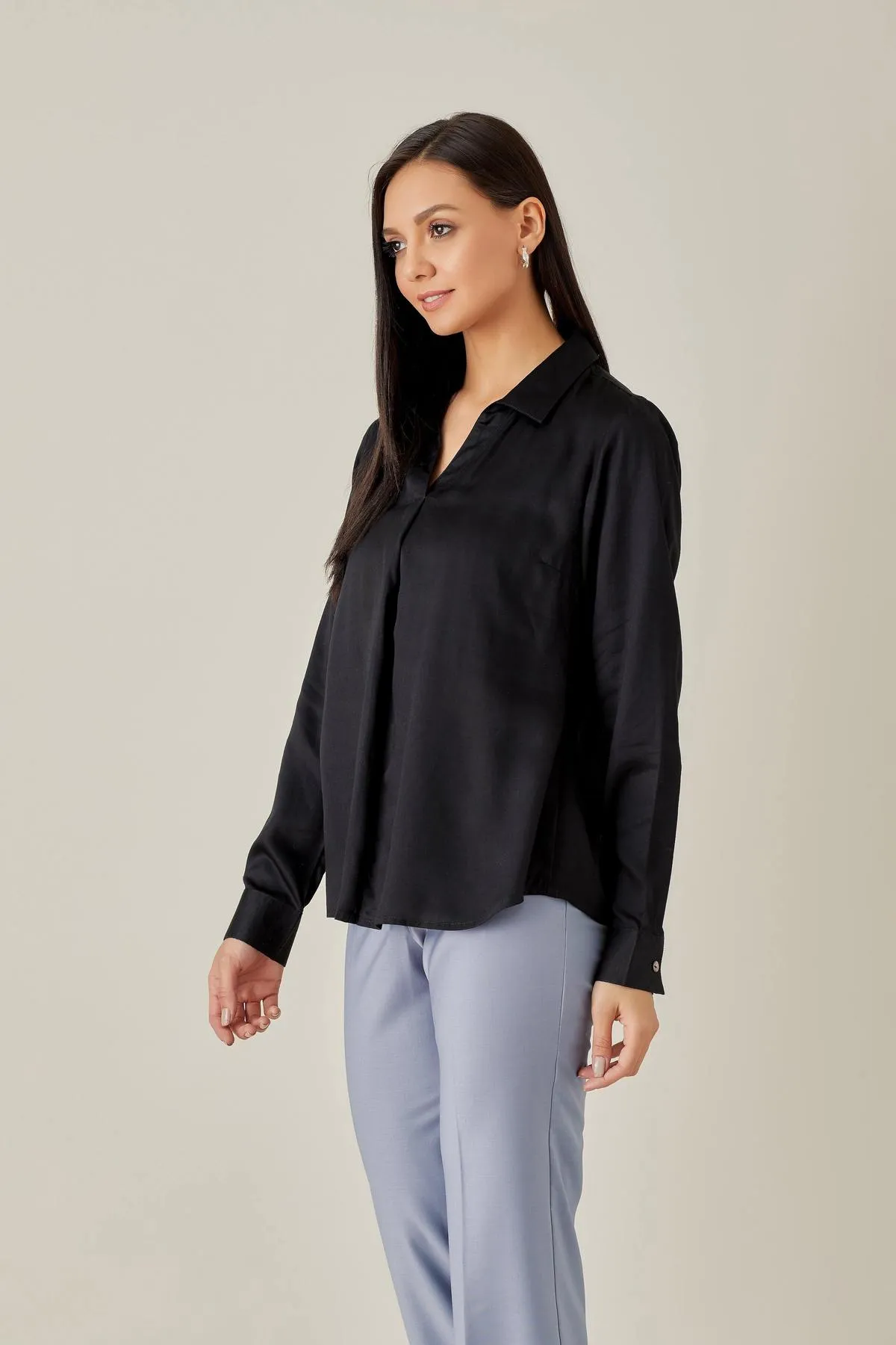 Black Satin Front Pleat Top - Qua