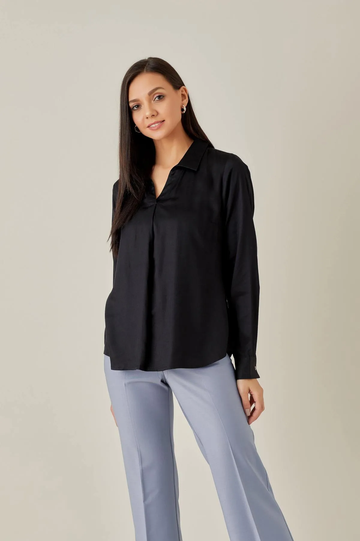 Black Satin Front Pleat Top - Qua