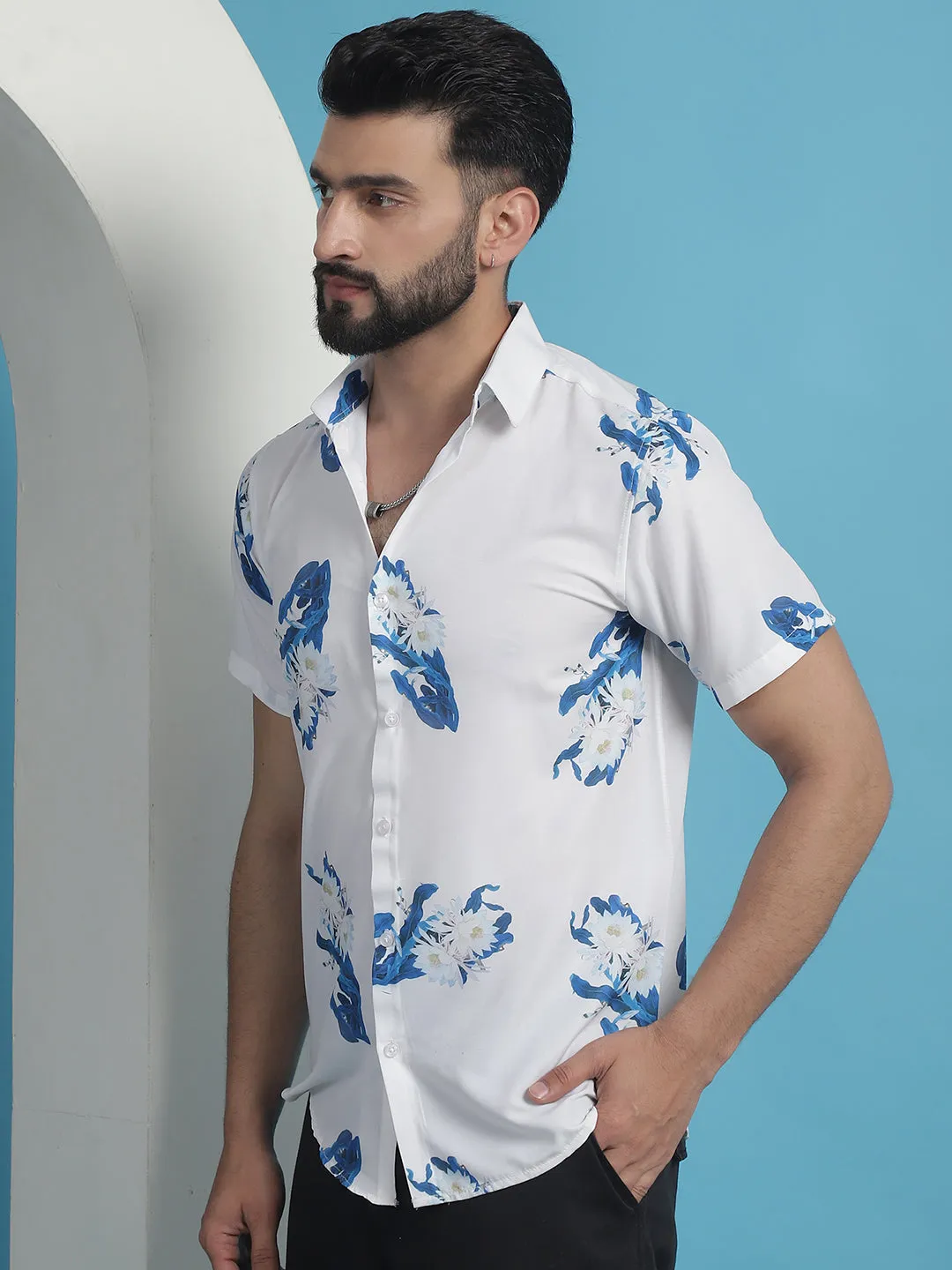 Blue Floral Printed Cotton Casual Shirt