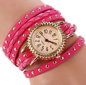 Bohemian Leather Wrap Bracelet Watch in Magenta