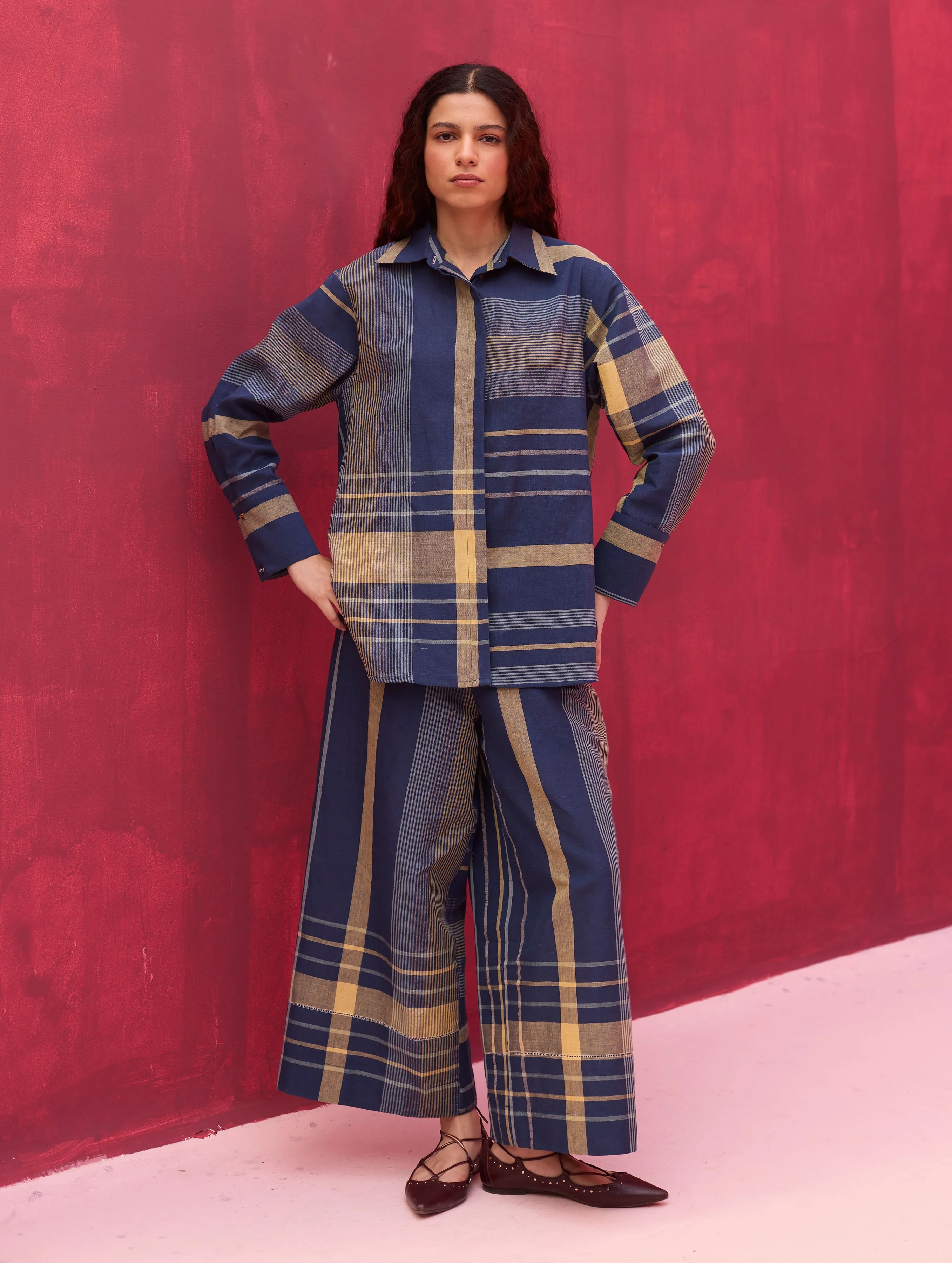 Buna Check Linen Co-ord Set - Navy