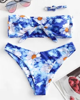 Daisy Print Sleeveless Bandeau With Panties Bikini Sets