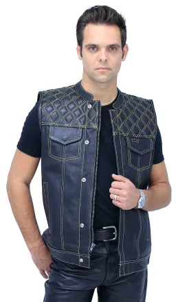 Easy Access Leather Club Vest with Yellow Stitched Quilting #VM6409Y