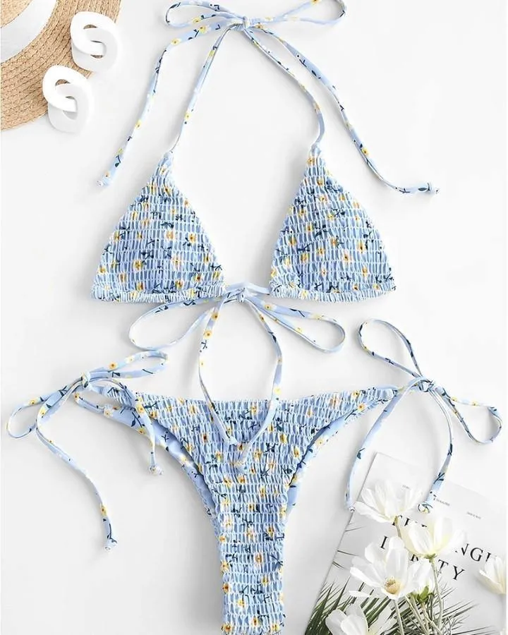 Floral Strappy Bra With Strappy Panties Bikini Sets