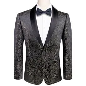 Hi-Tie Luxury Black Champagne Paisley Men's Formal Suit Set