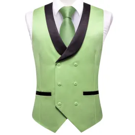 Hi-Tie Pistachio Green Double Breasted Black Shawl Lapel Wedding Vest