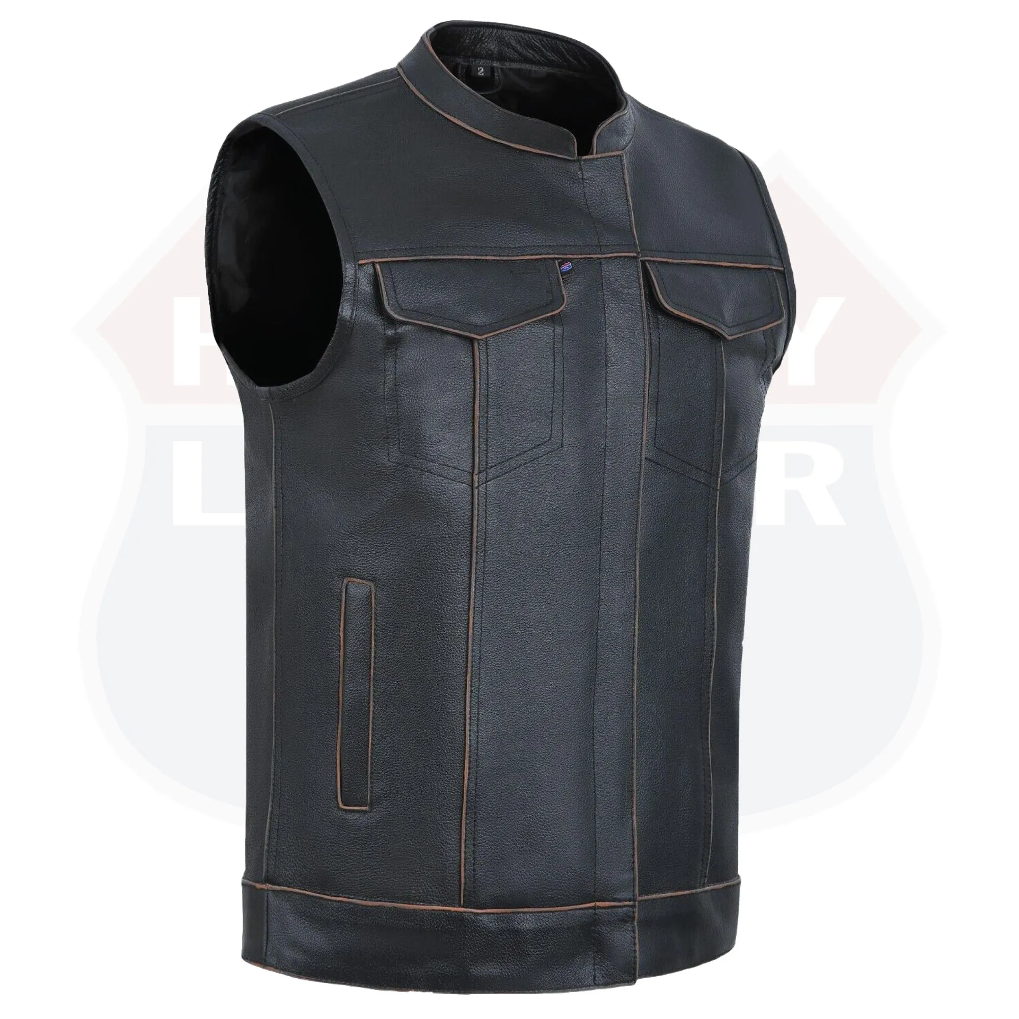 HL11689RB-BROWN RUB BUFF BROWN  Club Leather Motorcycle Vest Men