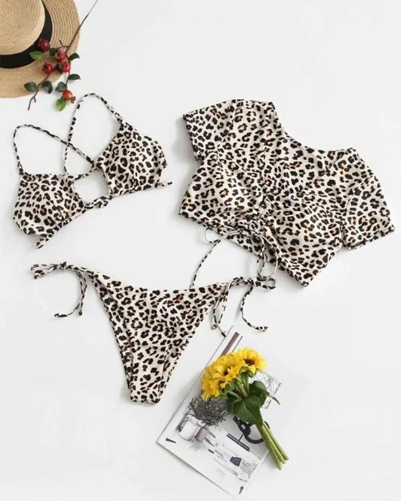 Leopard Short Sleeve Skinny Cropped Tops And Bra With Strappy Panties Bikini Sets