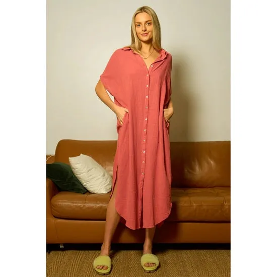 Maronie Cotton Midi Shirt Dress Coral