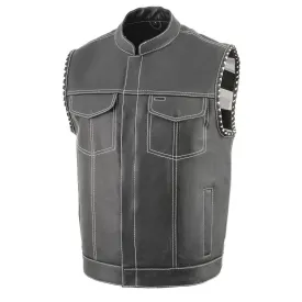 Milwaukee Leather MLM3509 Men's Black Naked Leather Vest - Old Glory Laced Armholes White Stitching Club Style Vest