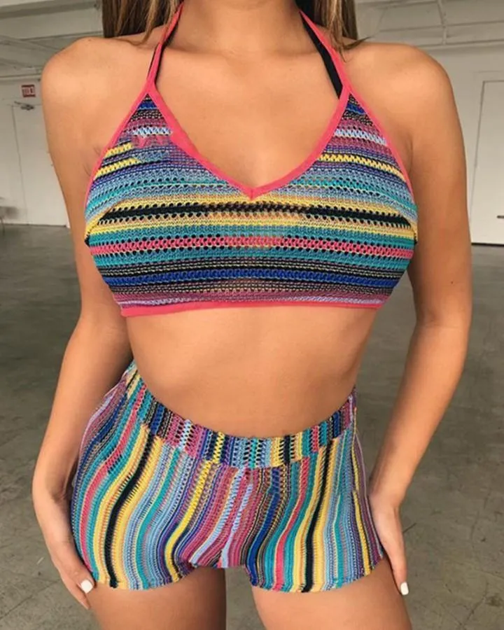 Multicolor Striped Strap Bra With High Waist Shorts Sexy Sets