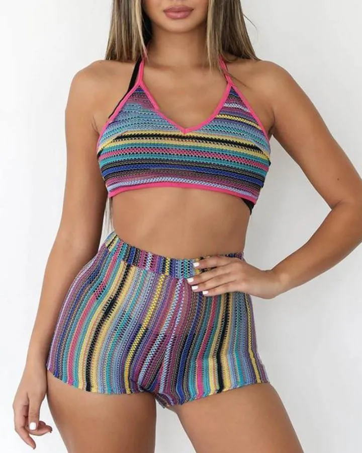 Multicolor Striped Strap Bra With High Waist Shorts Sexy Sets