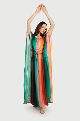 Multicolor Striped Tie Waist Keyhole Kaftan