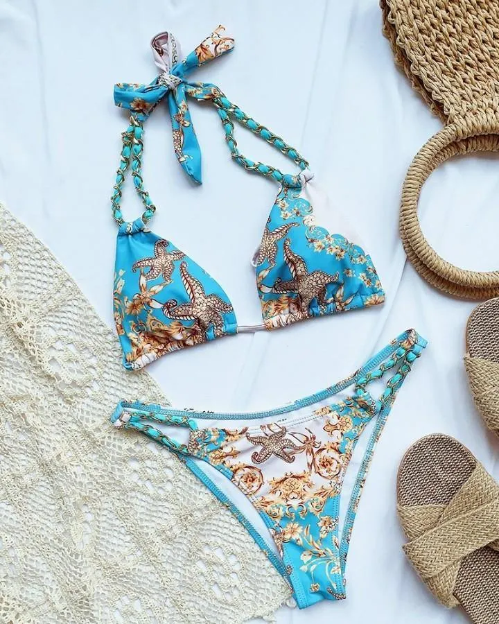 Retro Patterns Print Strappy Bra With Panties Bikini Sets