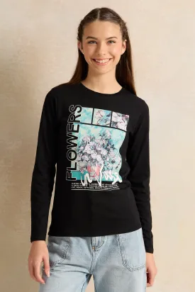 Senior Girls Black Floral T-Shirts