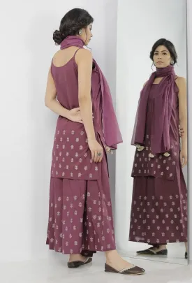 Set of 3: Iya Purple Hand-Block Printed Cotton Slip with Hand-Block Printed Cotton Palazzo and Plain Purple Kota Dupatta