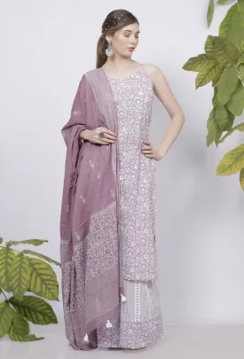 Set of 3: Lilac  Hand-Block Printed Cotton Slip with   Lilac Printed Palazzo and Hand-Block Printed Lilac Tasseled Kota Dupatta