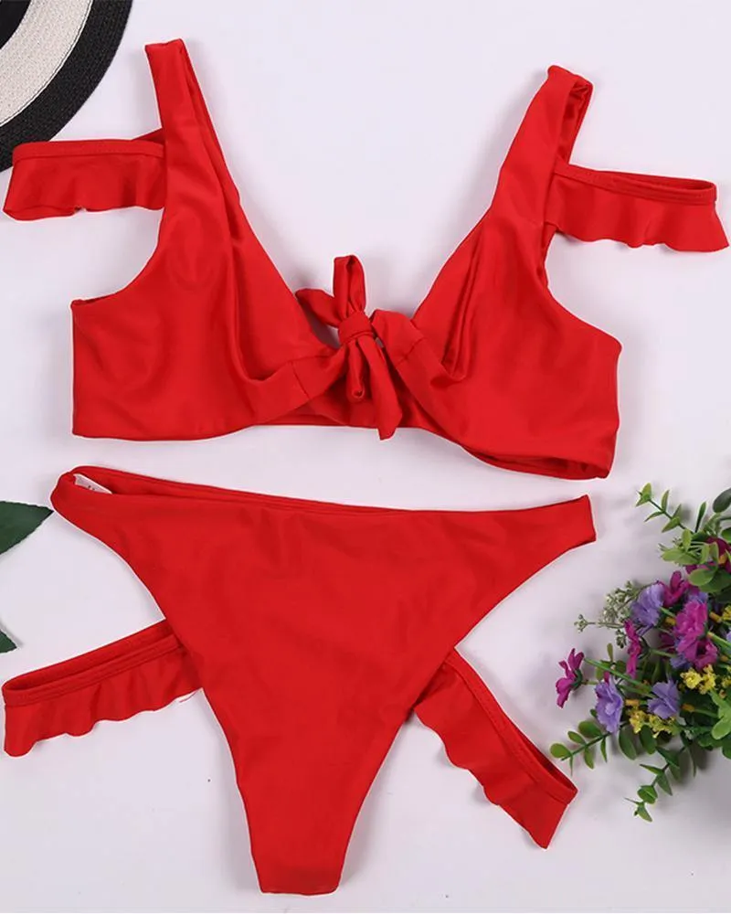 Solid Ruffles Sleeve Bra With Cut-out Panties Bikini Sets