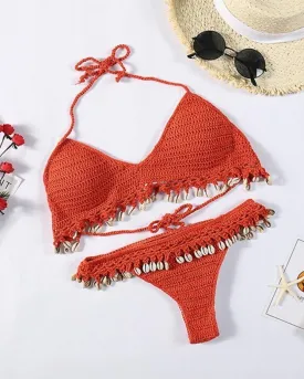 Solid Strap Tassel Patchwork Knitted Strap Bra With Panties Sexy Sets