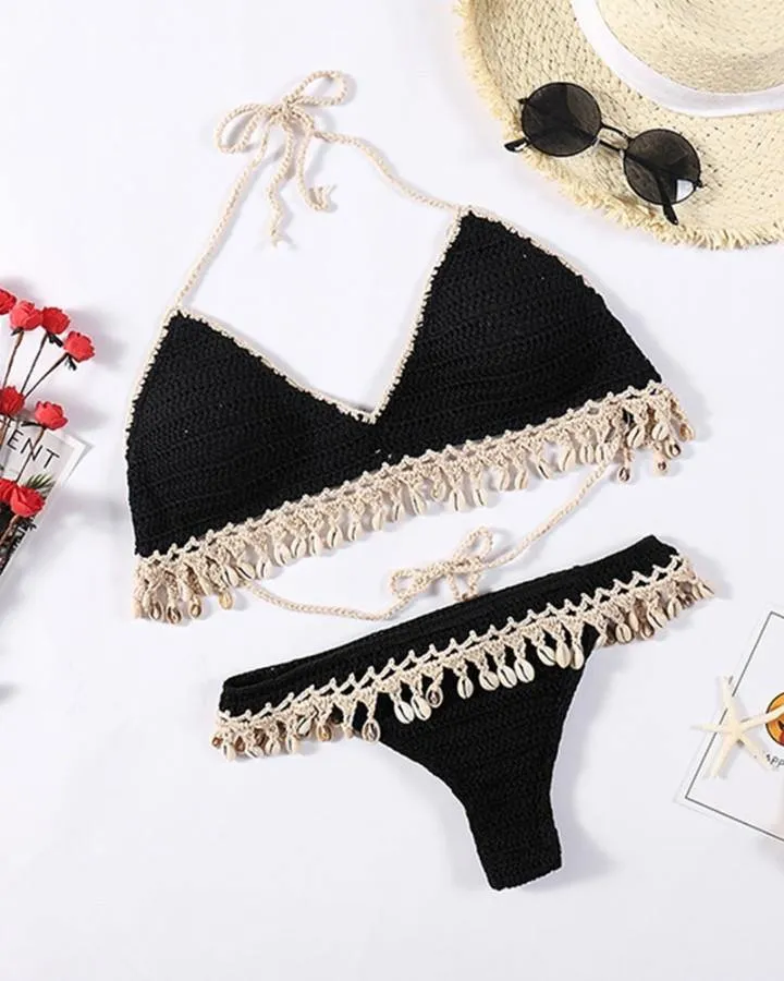 Solid Strap Tassel Patchwork Knitted Strap Bra With Panties Sexy Sets