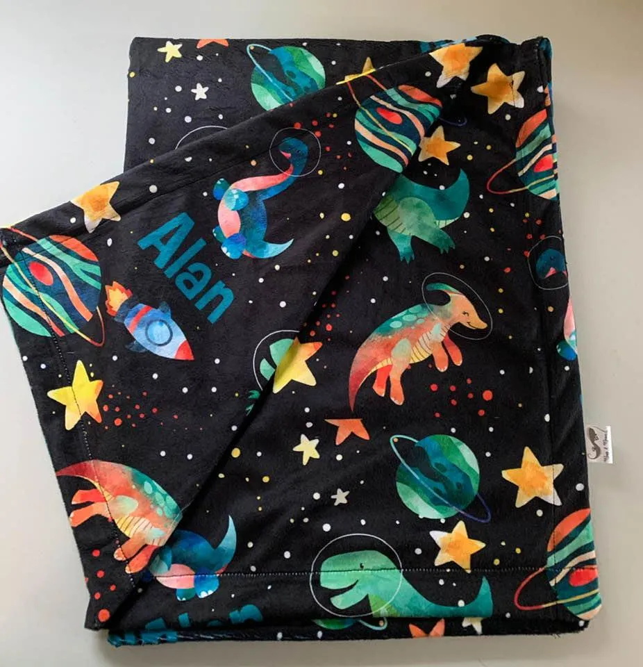 Space Dinosaur Print Personalized Minky Blanket (Luxe Minky)