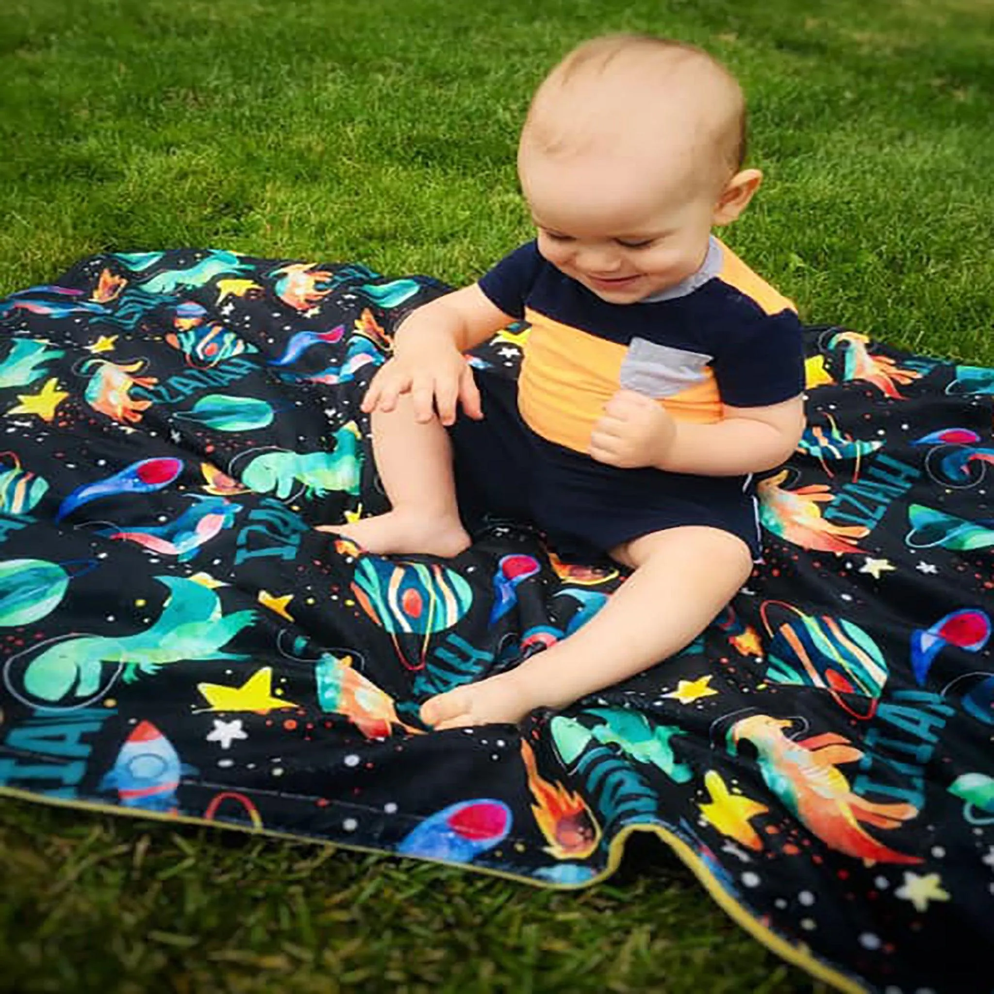 Space Dinosaur Print Personalized Minky Blanket (Luxe Minky)